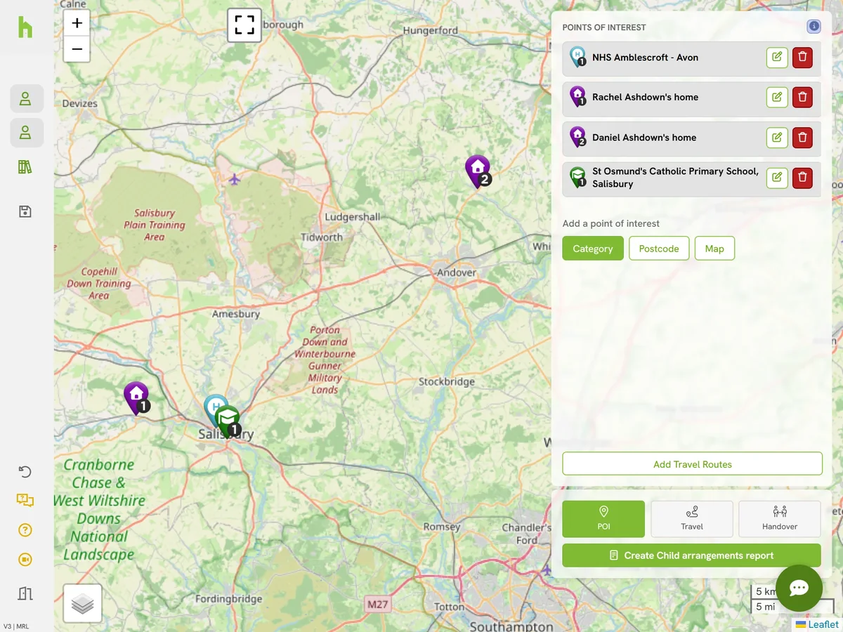 A map of both parents' homes, the school and the hospital, with the points-of-interest list