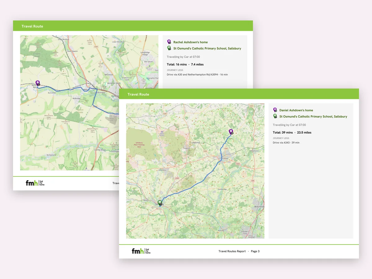 Two pages of a travel routes report showing the drive from each parent's home to the school