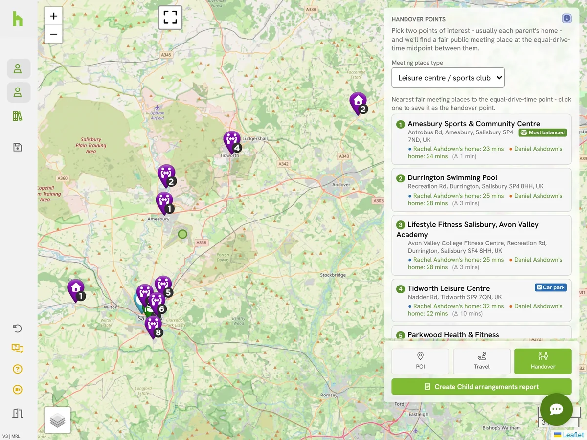 A map of fair handover meeting places between the two homes, ranked by how balanced the drive times are