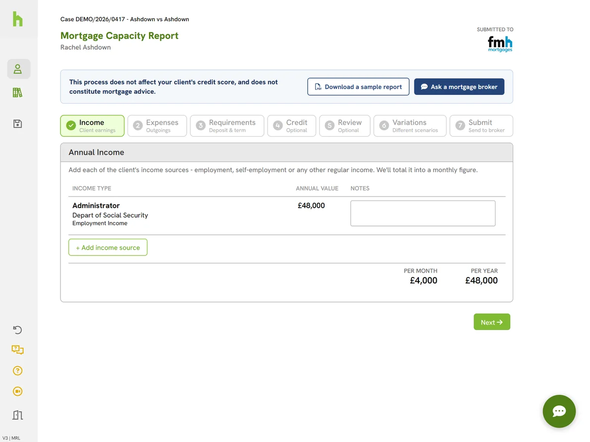 The mortgage capacity report request screen, at step 1 of 7 (income), with a Download a sample report button and an Ask a mortgage broker button