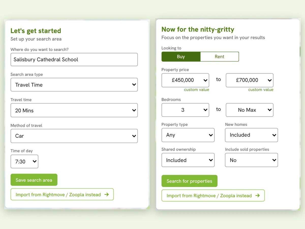 The FindMyHome property search: setting a 20-minute drive-time search area around the school, then price and bedroom filters
