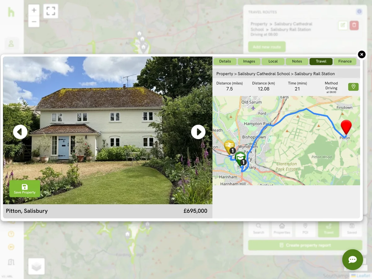A property listing with its travel tab open, showing a 21-minute, 7.5-mile drive from the property to the school and on to the station