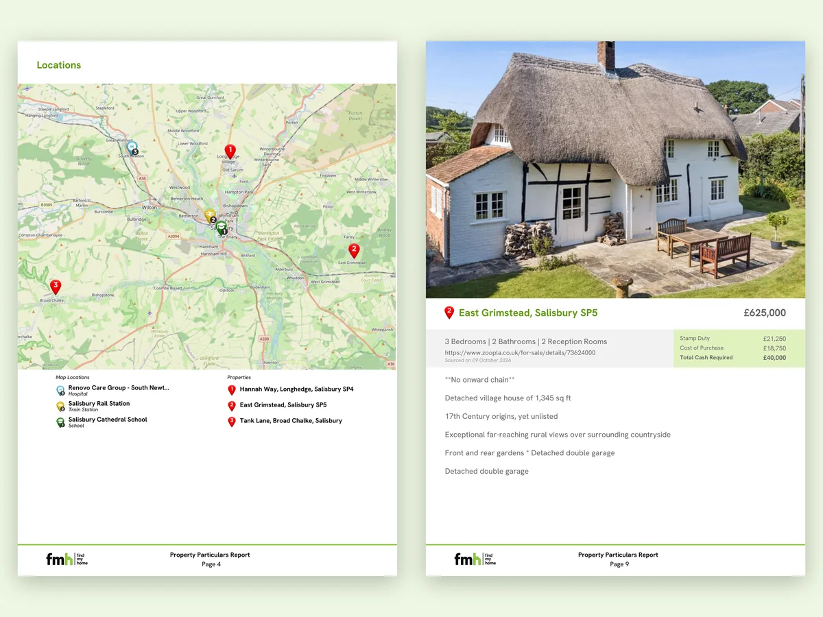 Two pages of a property particulars report: a locations map, and a property page with local context and a travel route