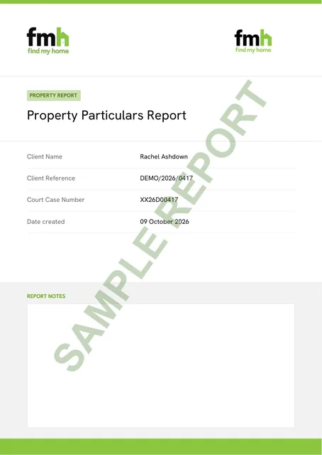 Cover page of a sample property particulars report